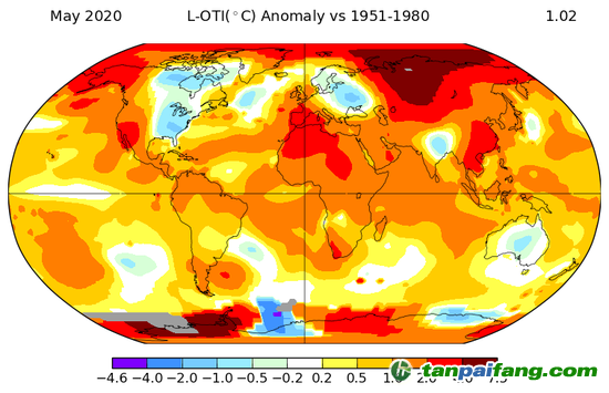 地圖對比了2020年5月氣溫VS1951-1980年5月的平均溫度，如圖所示，北極圈內(nèi)的西伯利亞部分地區(qū)和南極洲溫度飆升。資料來源：聯(lián)合國環(huán)境規(guī)劃署世界環(huán)境情報室(WESR)